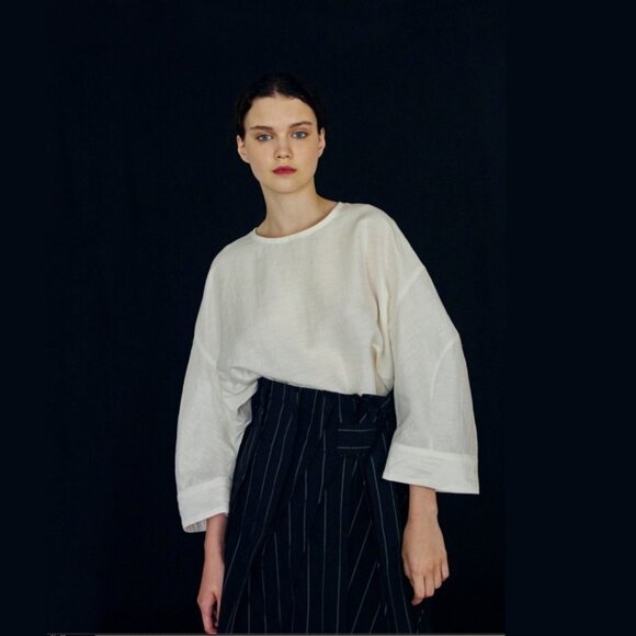 NEW! The Keiji Linen Blend Drop Shoulder Bell Sleeve High-Low Blouse Top XS - Picture 1 of 10